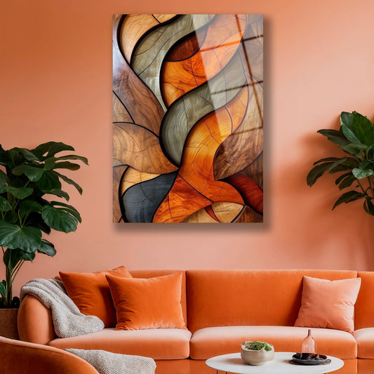 Ahşap görünümlü modern cam tablonun rustik salon duvarındaki duruşu