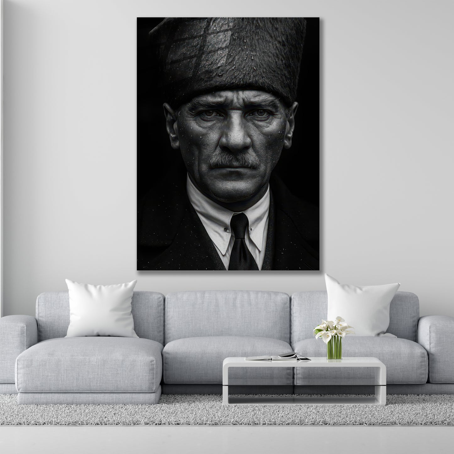 Atatürk Cam Tablo | Siyah Beyaz Takım Elbiseli