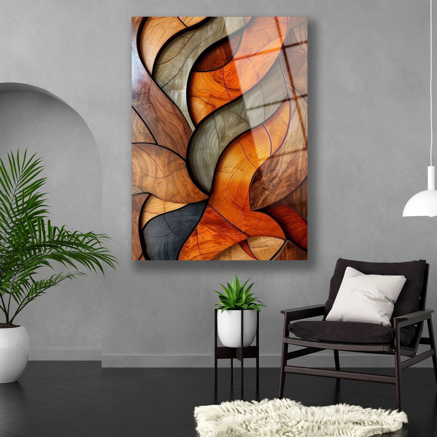 Duvar dekorasyonu için dikey formda soyut ahşap desenli cam baskı