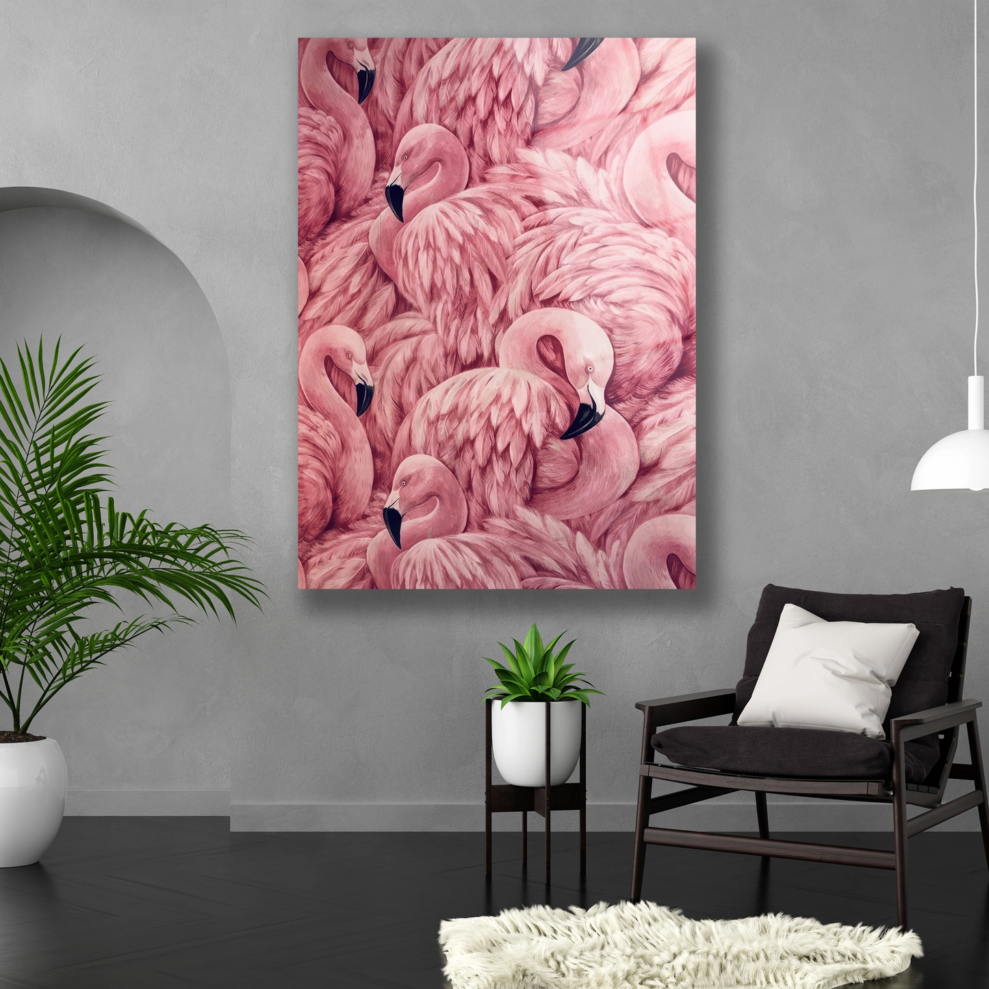 Dikey formda canlı renkli modern flamingo desenli temperli cam tablo