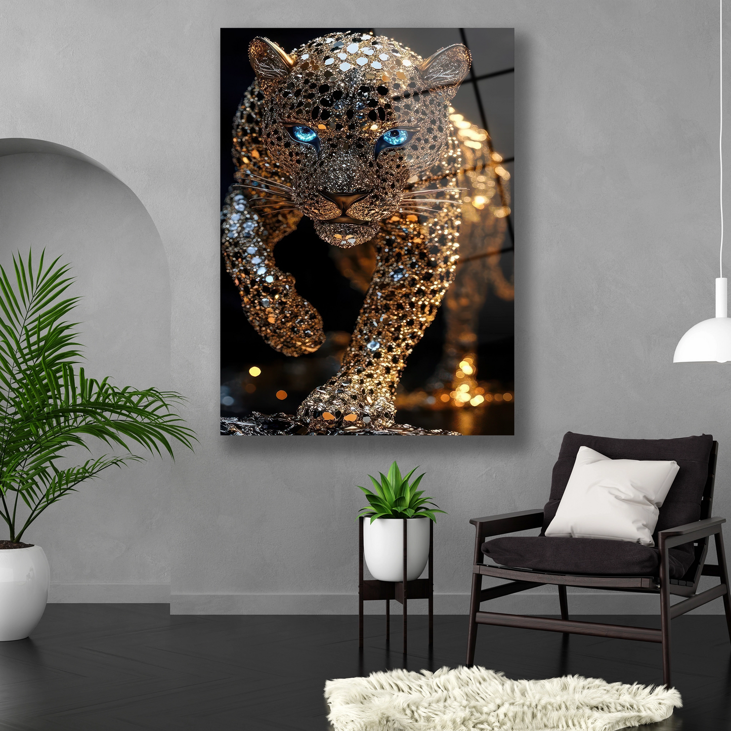 Dikey formda modern vahşi yaşam temalı temperli cam duvar dekoru