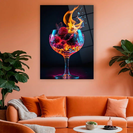 alevli içki kadehi ve ahududu böğürtlen duvar dekoru