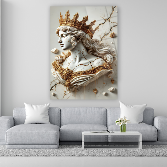 altın taçlı kraliçe mermer büstü cam tablo