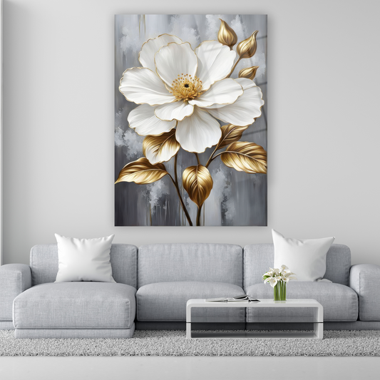 altın yapraklı beyaz çiçek cam tablo modelleri