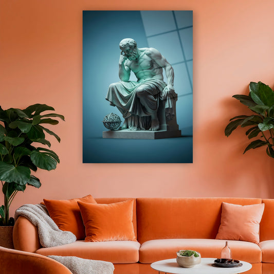 socrates benzeri oturan adam heykeli ve küre