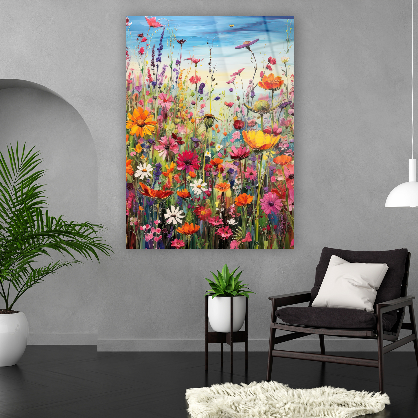 mavi gökyüzü ve çiçek tarlası duvar dekoru