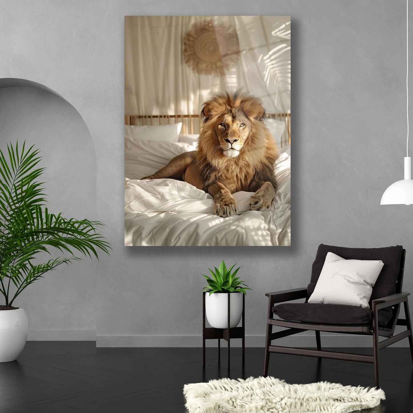 Dikey formda bohem tarzı aslanlı sürreal duvar dekoru