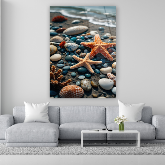 denizyıldızı ve deniz kabukları temalı sahil manzaralı cam tablo