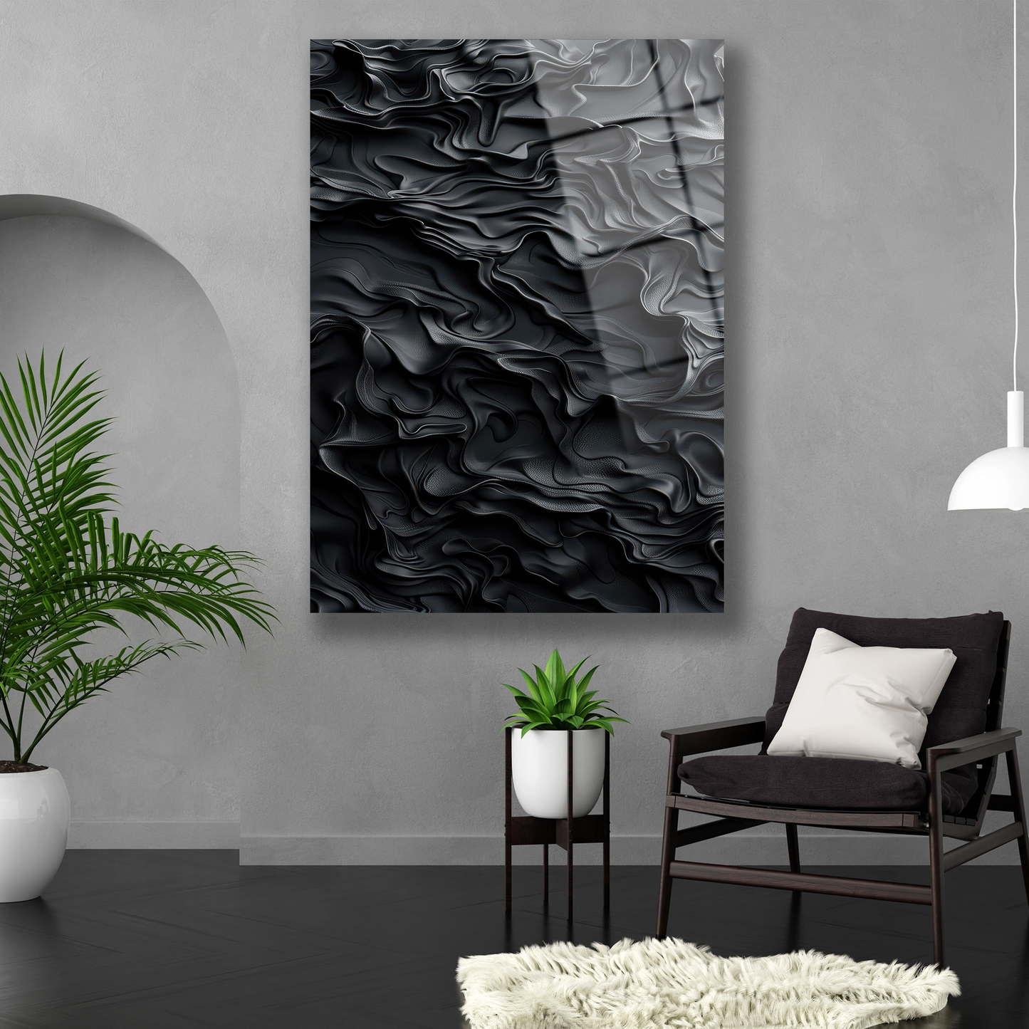 Dikey formda siyah modern soyut temperli cam tablo