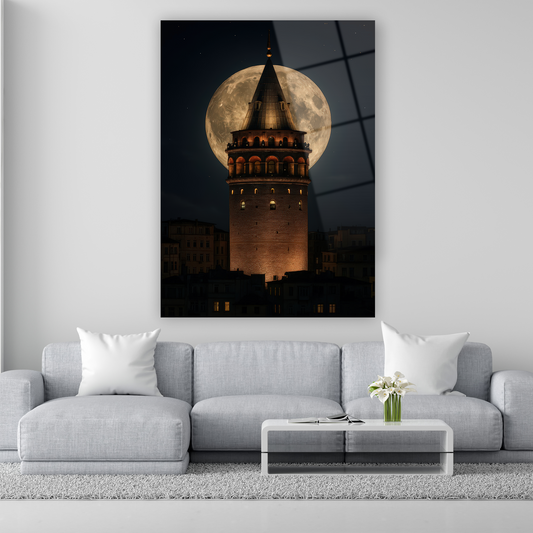 dev dolunay ve galata kulesi gece manzaralı cam tablo