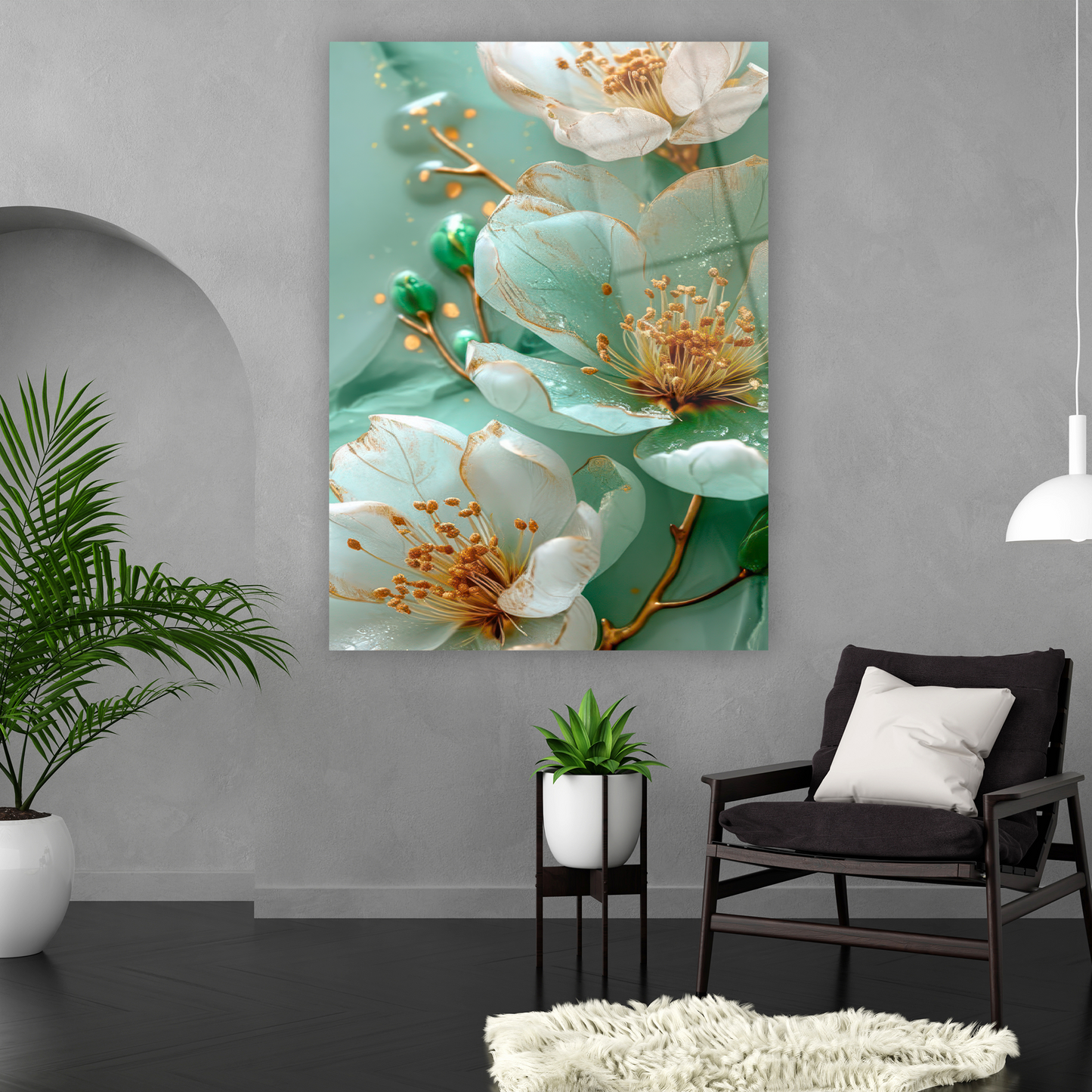 mint green and gold elegant flowers glass art