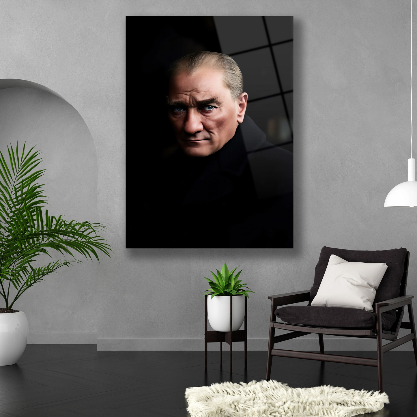 Derin ve düşündürücü bakışlarıyla Atatürk portresi cam tabosu