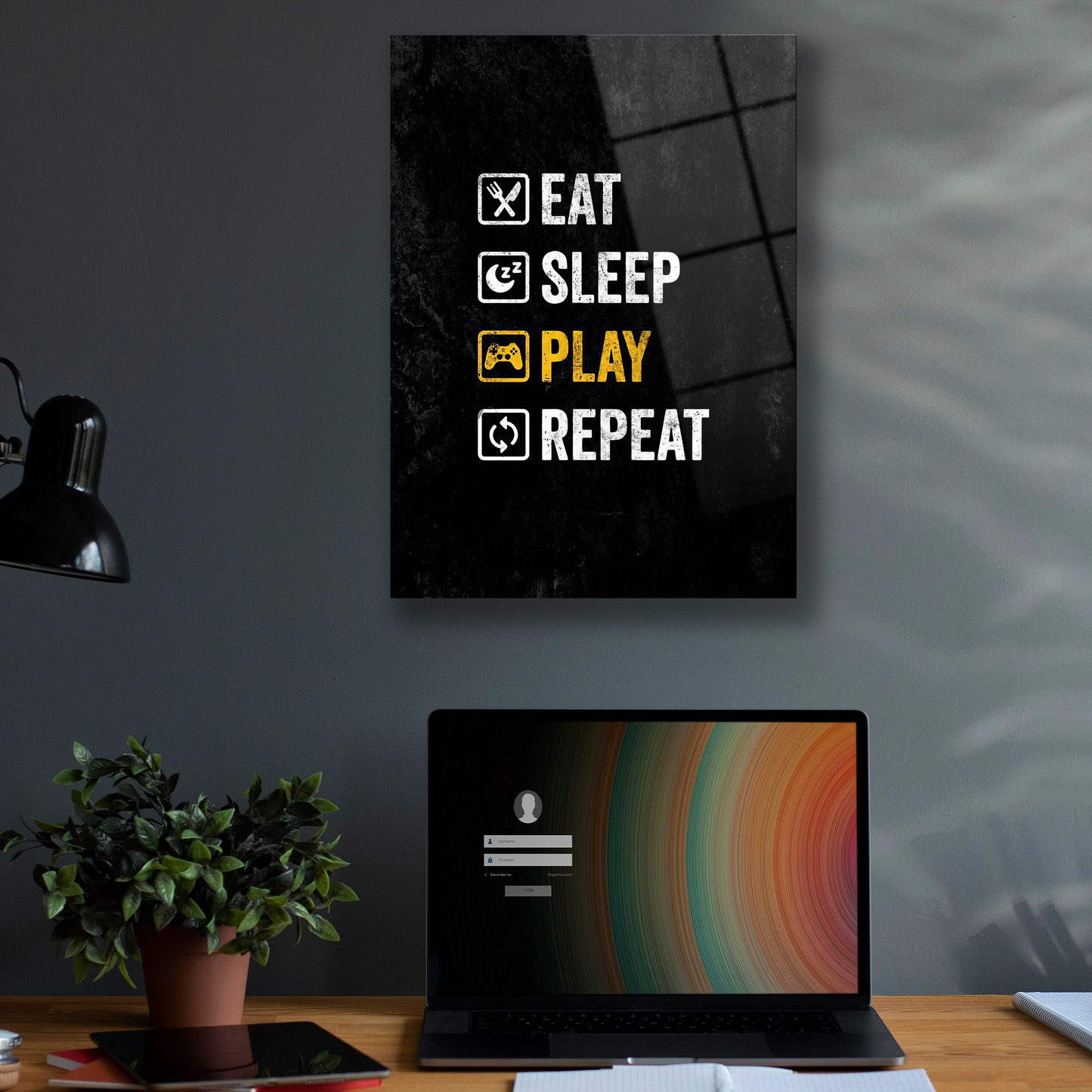 eat sleep play repeat yazılı cam tablo