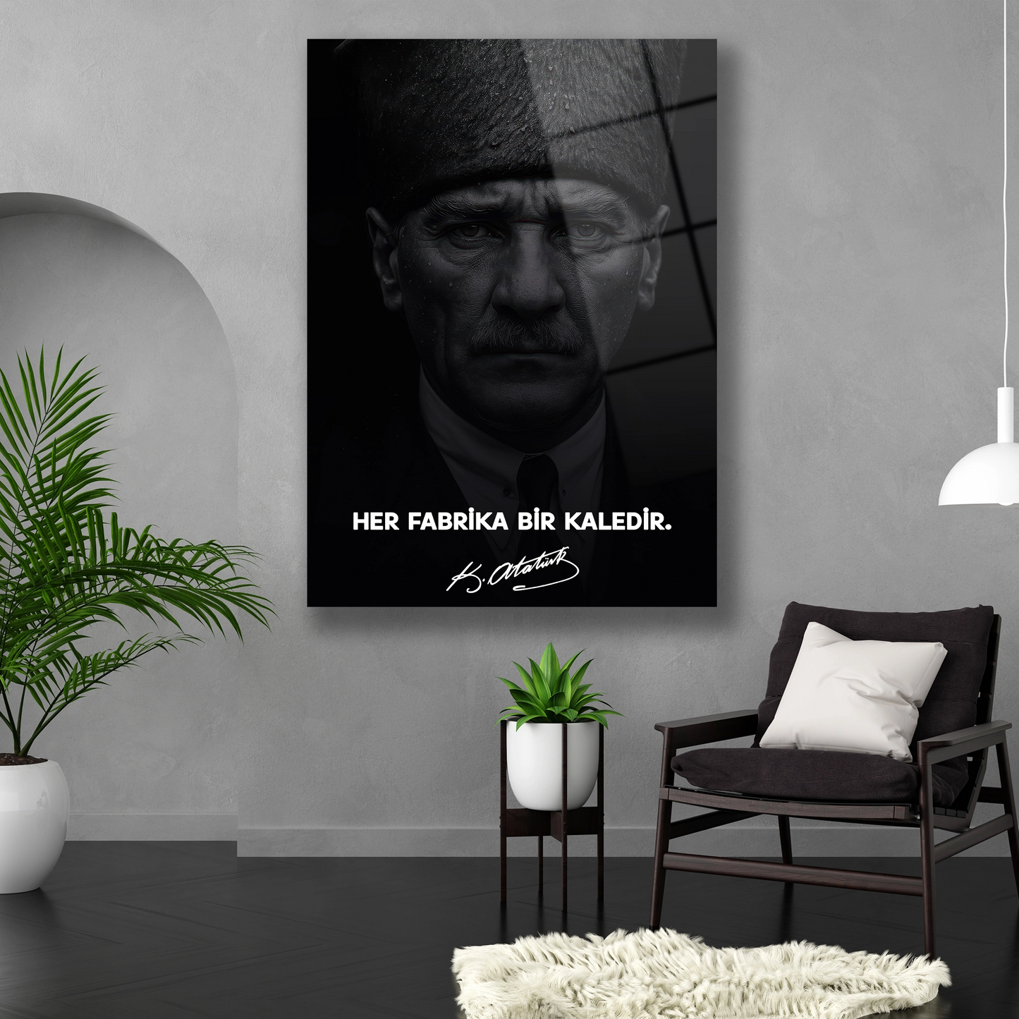 her fabrika bir kaledir atatürk porte ve imzalı cam tablo