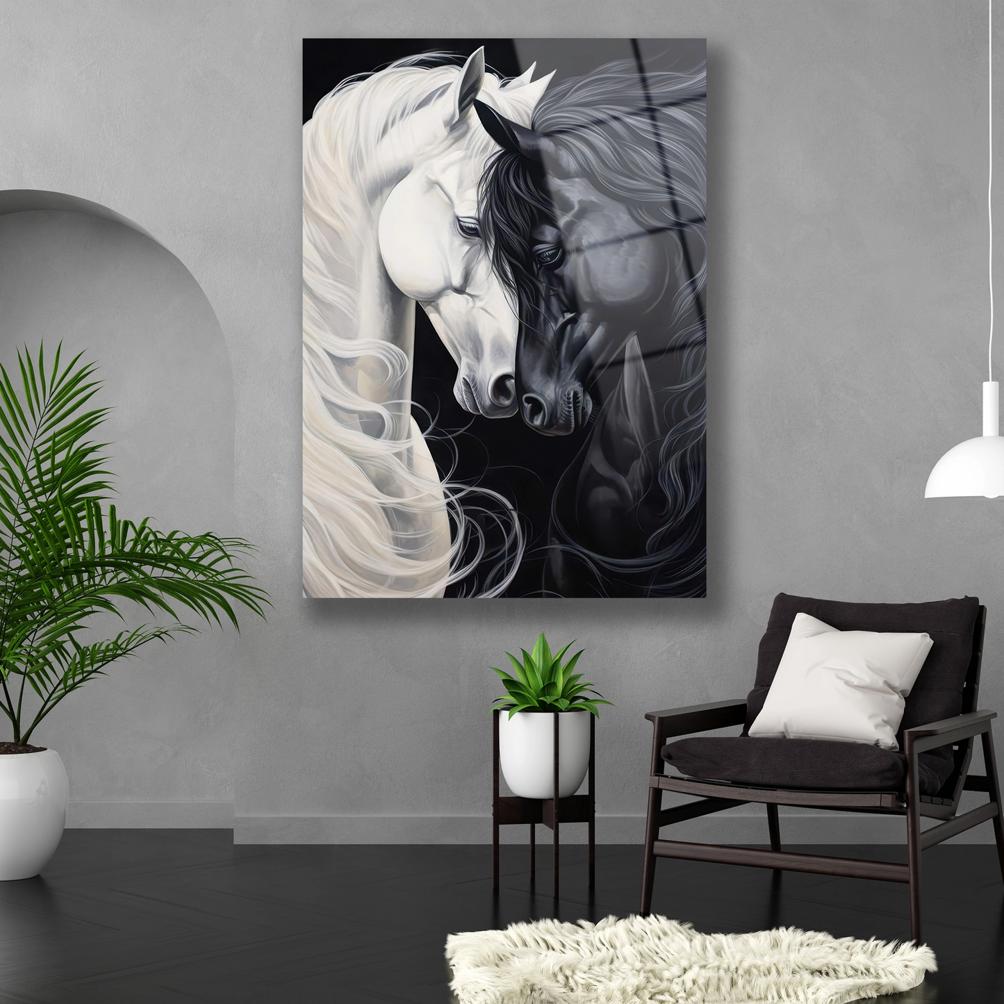 Dikey formda Yin Yang temalı at resmi duvar dekorasyonu