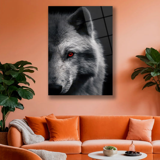 Koyu renk duvarlı modern ofiste asılı kurt temalı cam duvar dekoru