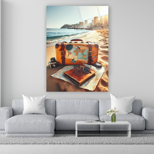 kumsalda nostaljik valiz ve harita temalı cam tablo