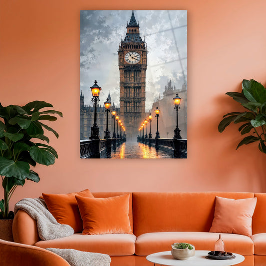 yağmurlu londra sokağı ve big ben cam tablo