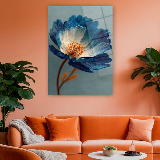 detailed indigo blue flower art glass print