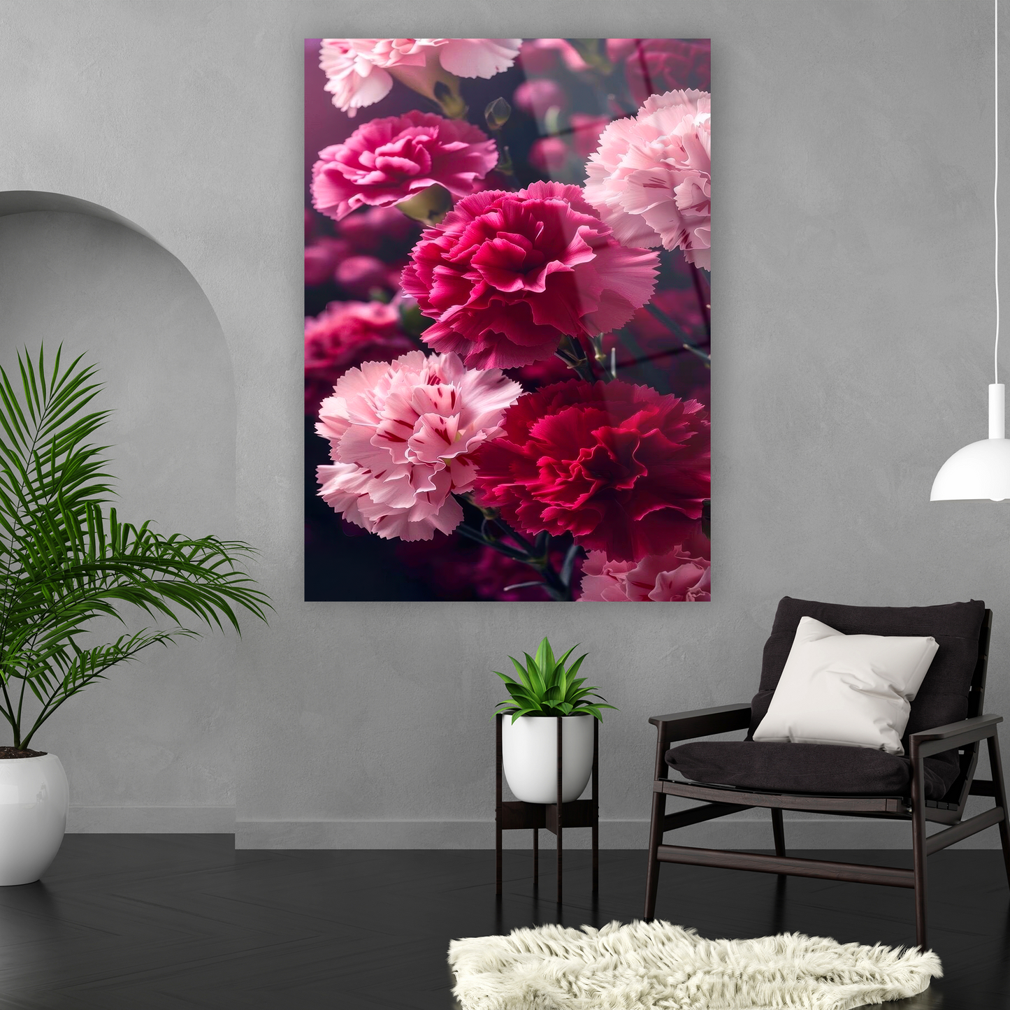 koyu zeminli yoğun çiçek aranjmanı cam baskı