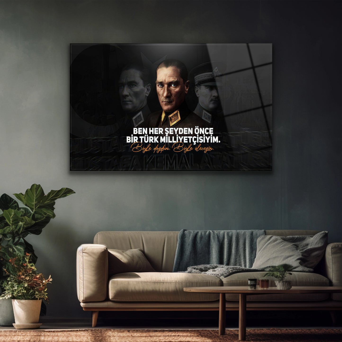 Dikey formda milliyetçi temalı Atatürk ofis duvar dekoru