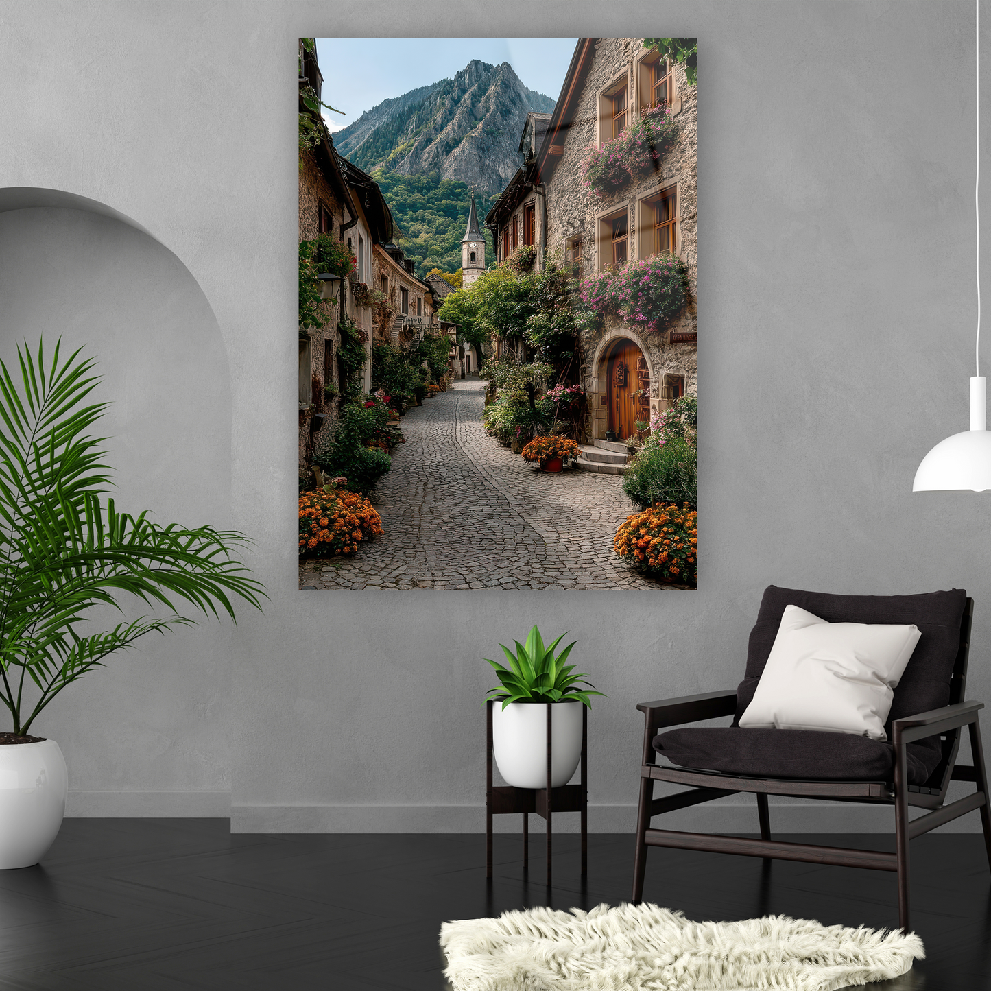 çiçekli avrupa köy sokağı duvar dekoru