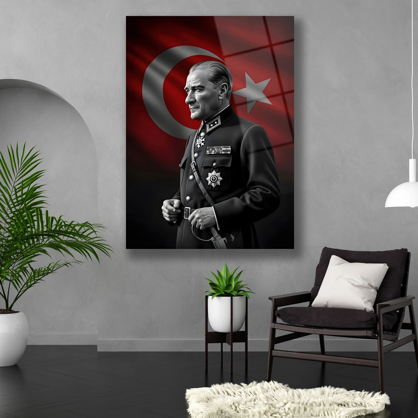 Dikey formda profil duruşlu Mustafa Kemal Atatürk cam baskı