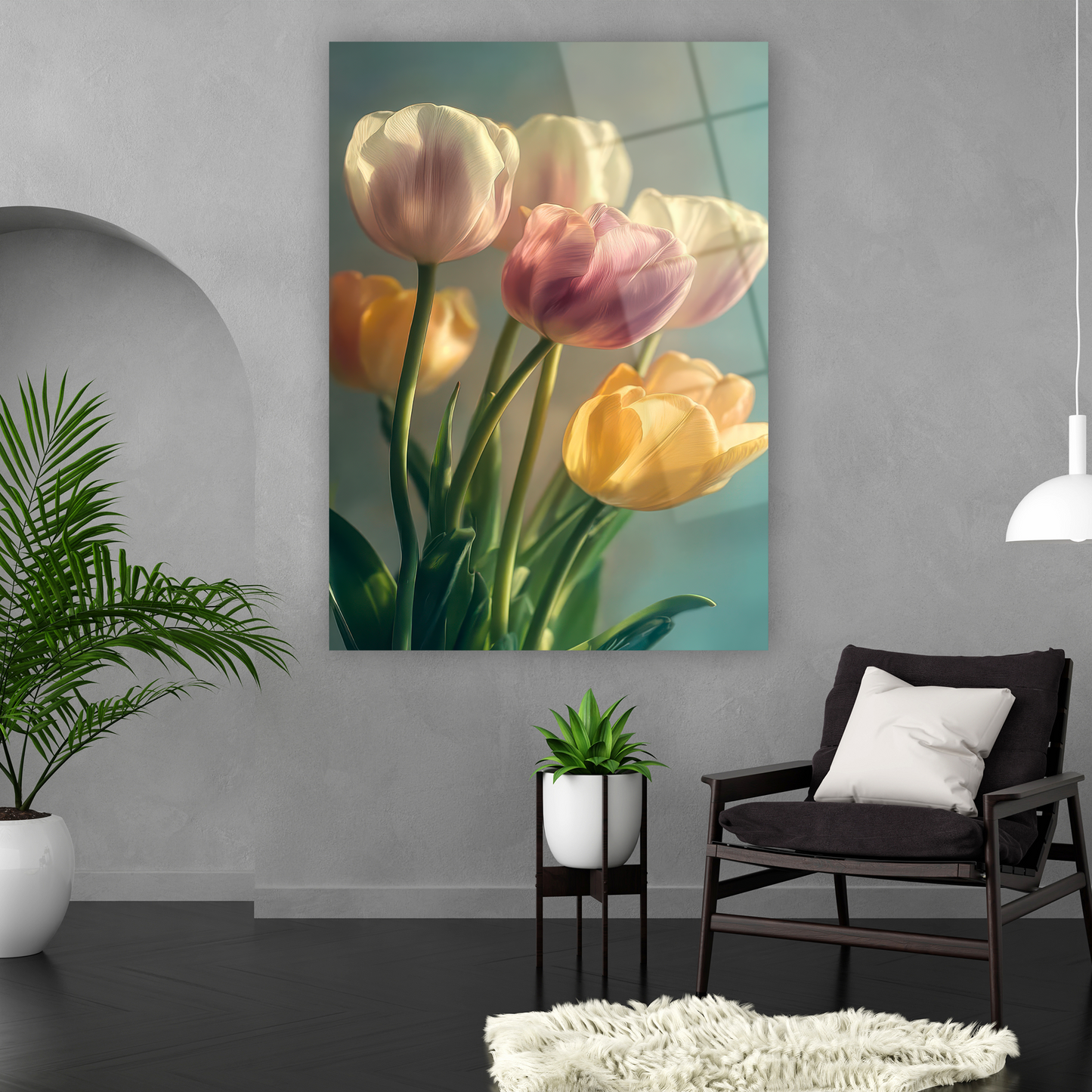 pastel renkli lale buketi cam tablo