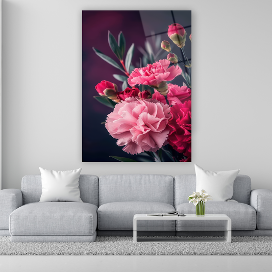 pembe ve kırmızı karanfil buketi cam tablo