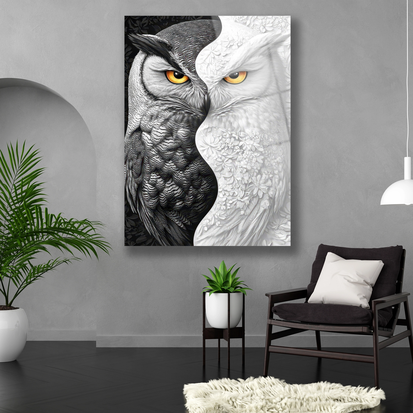 Dikey formda siyah beyaz kontrastlı sanatsal hayvan duvar dekoru