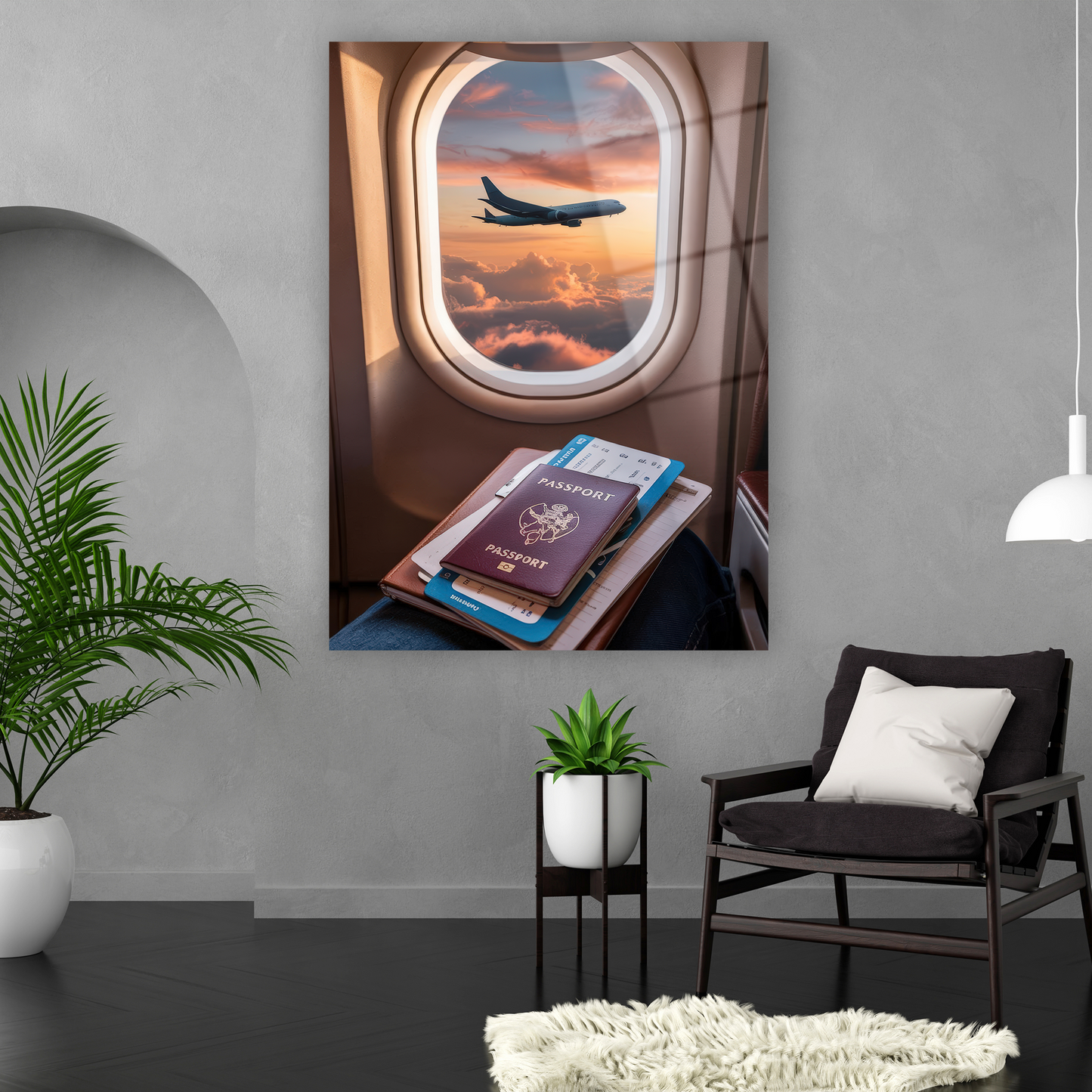 modern oturma odası uçak camı manzarası lüks cam sanatı