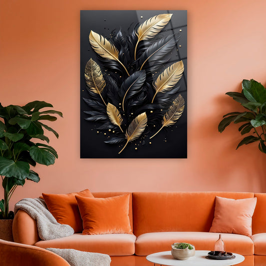 siyah ve altın tüy desenli lüks cam tablo