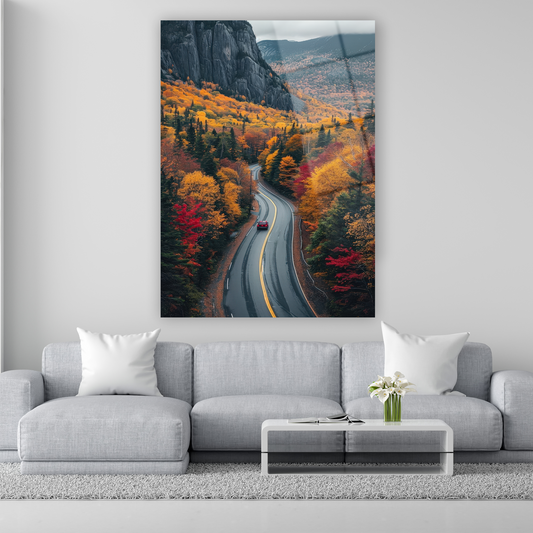 sonbahar ormanı ve kıvrımlı dağ yolu manzaralı cam tablo