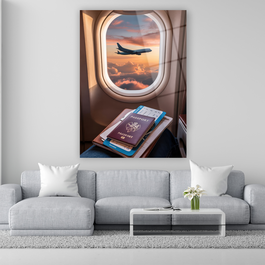 uçak penceresinden günbatımı bulutlar ve uçak manzaralı cam tablo