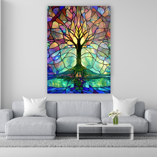 vitray görünümlü renkli hayat ağacı cam tablo