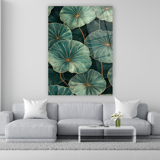 altın damarlı yeşil yapraklar cam tablo