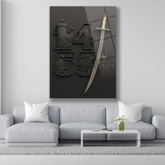 1453 İstanbulun Fethi temalı kılıçlı siyah cam tablo