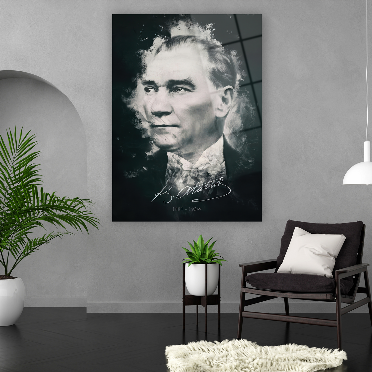 Modern monokrom Atatürk portresi dekoratif cam tablo
