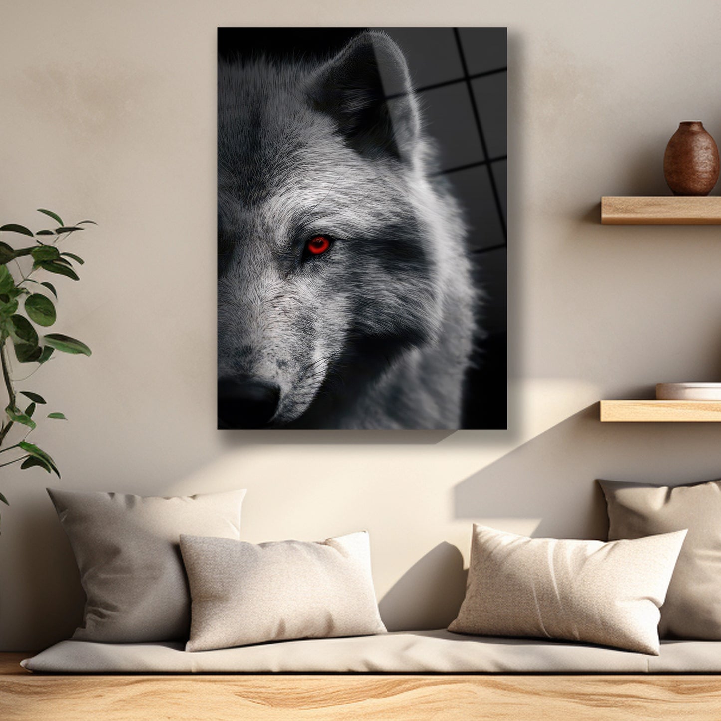 Beyaz kurdun kürk detayları ve parlak kırmızı gözlü cam baskı