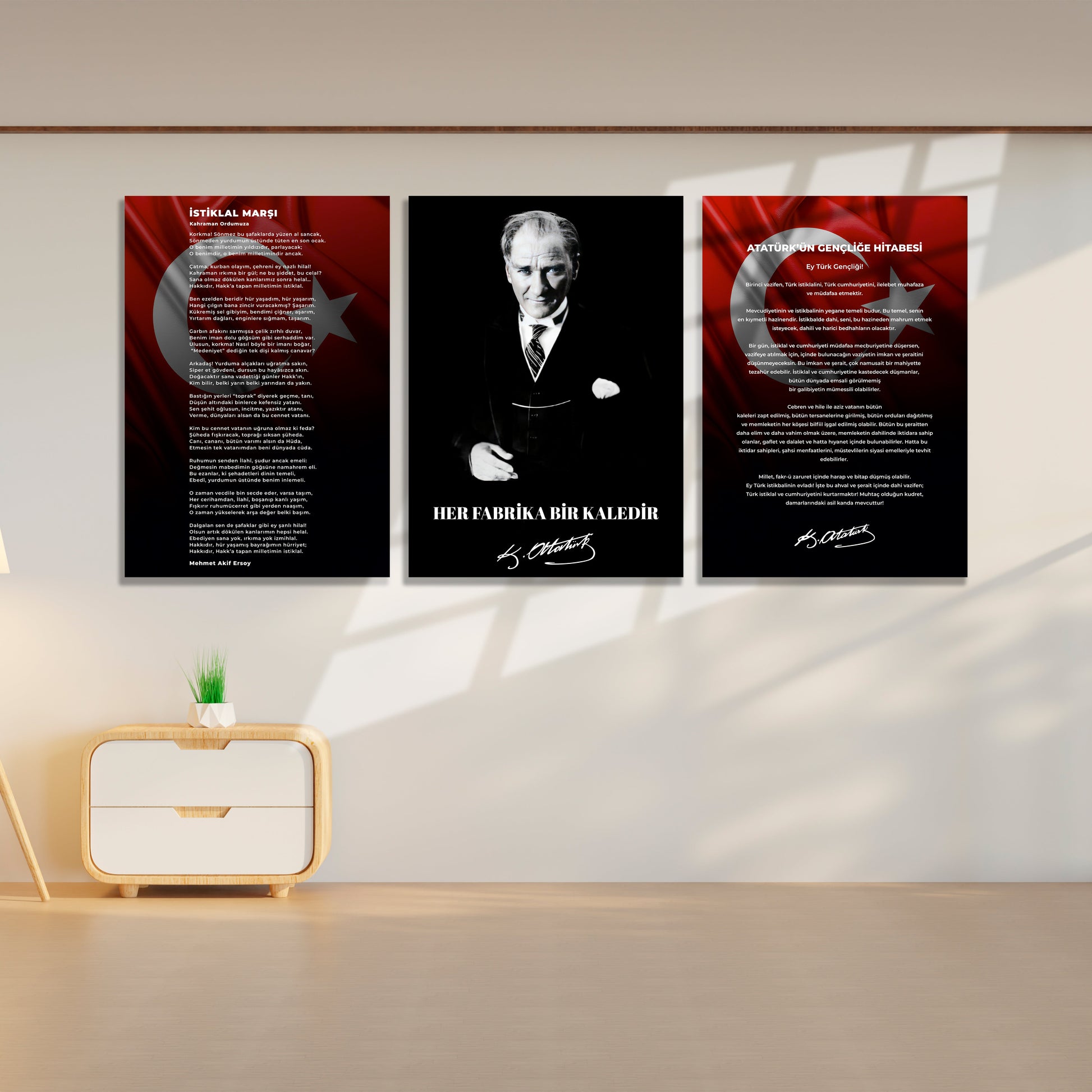 Okullar İçin Atatürk Köşesi 3’lü Set Cam Tablo dekorica