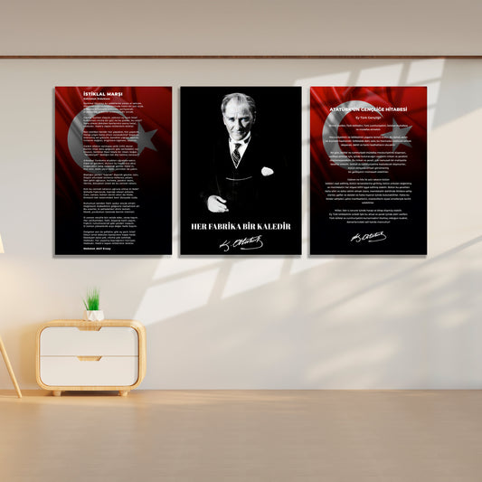 Okullar İçin Atatürk Köşesi 3’lü Set Cam Tablo dekorica
