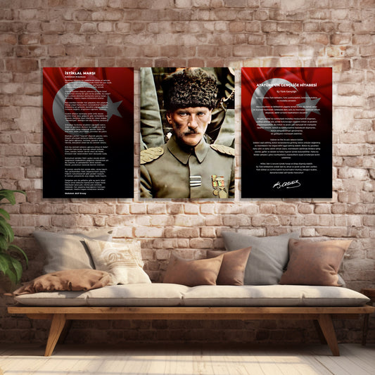 Okullar İçin Atatürk Köşesi 3’lü Set Cam Tablo dekorica