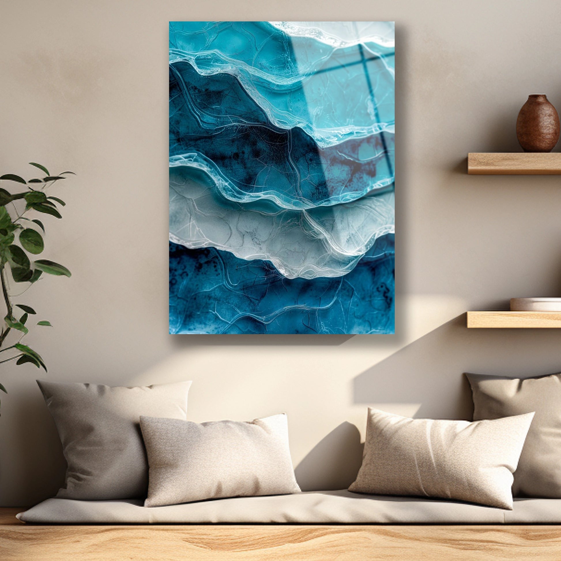 Katmanlı buz ve su efekti veren parlak yüzeyli cam baskı detayı