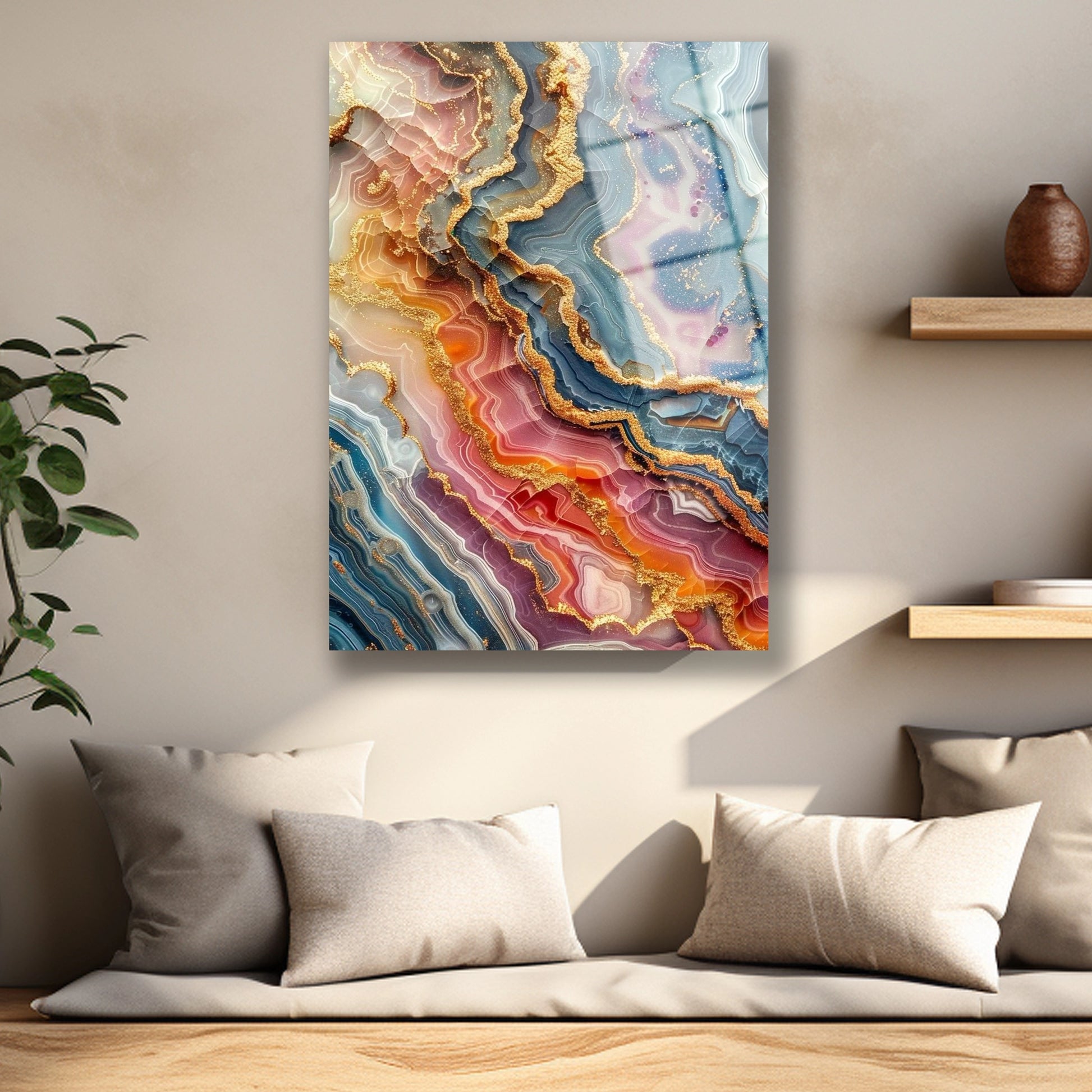 Altın tozlu reçine sanatı efektli parlak cam yüzey detayı