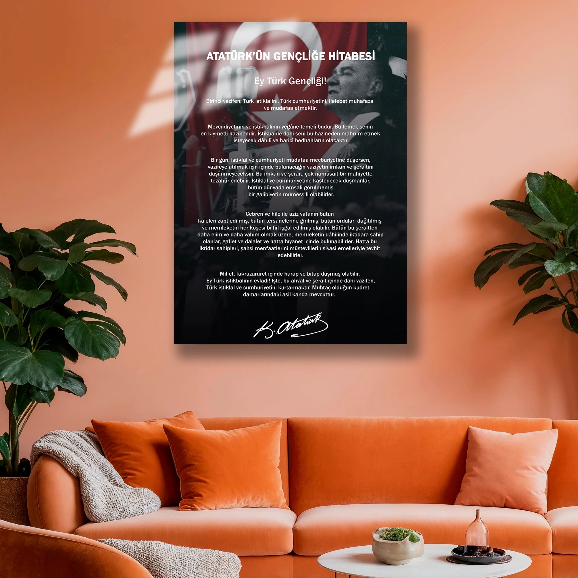 atatürk gençliğe hitabe imzalı cam tablo