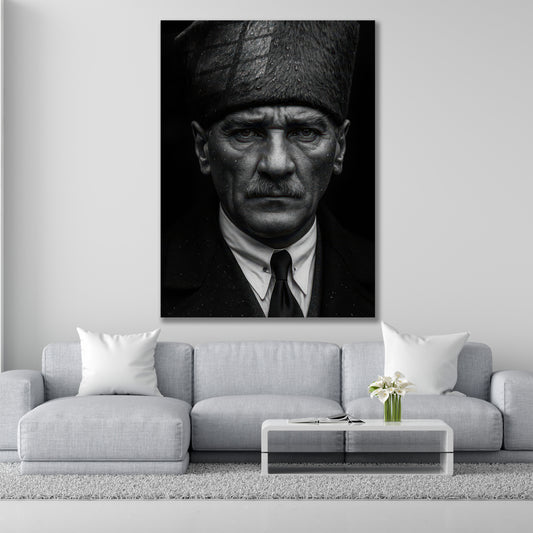 Atatürk Cam Tablo | Siyah Beyaz Takım Elbiseli