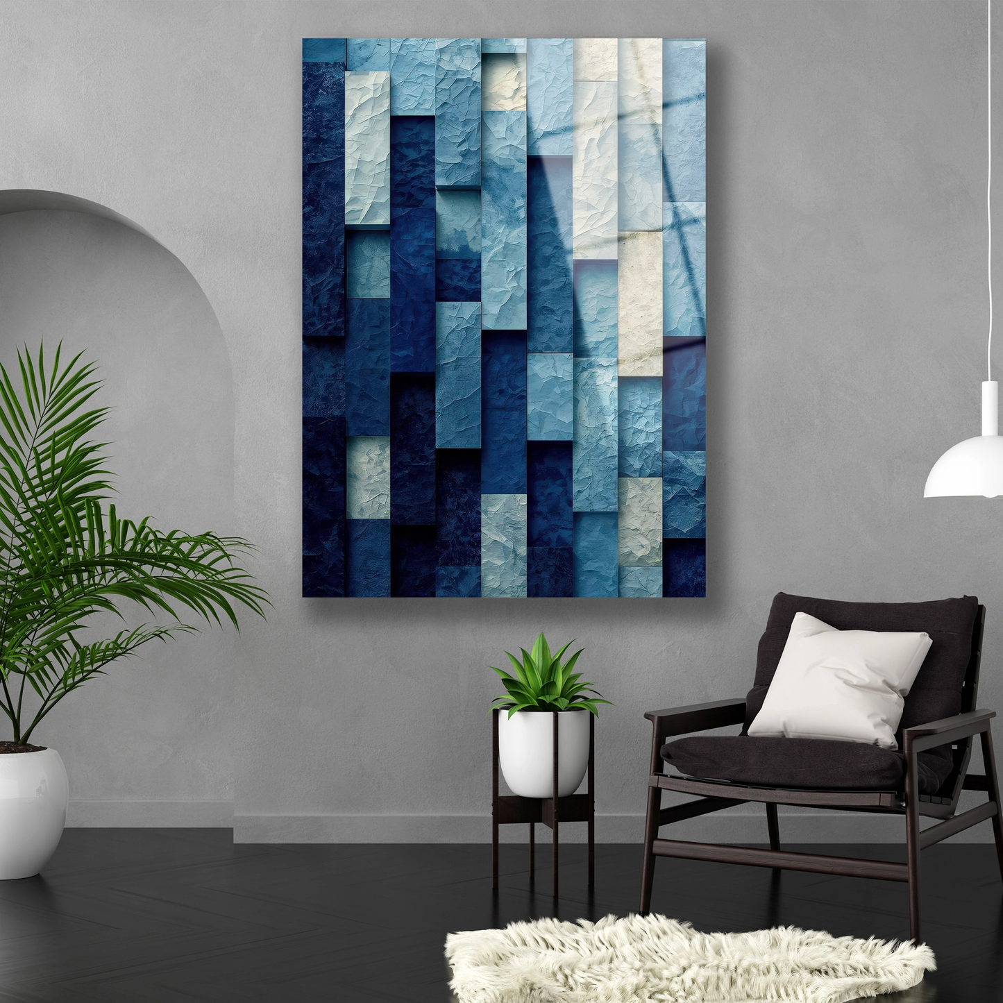 mavi tuğla desenli cam tablo