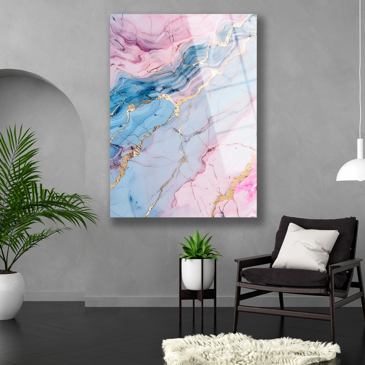 Duvar dekorasyonu için pastel renkli mermer görünümlü temperli cam baskı