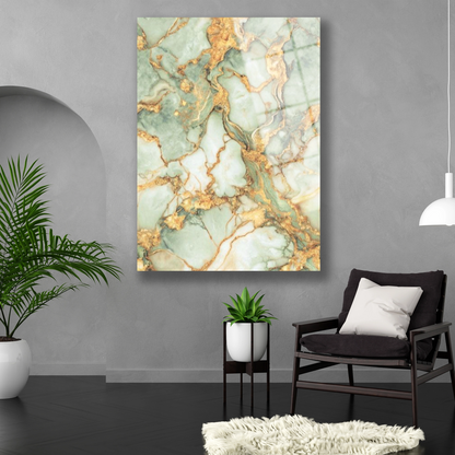Duvar sanatı olarak kullanılan büyük boy yeşil mermer desenli cam baskı