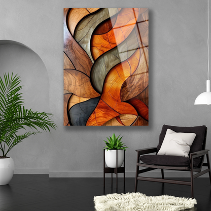 Duvar dekorasyonu için dikey formda soyut ahşap desenli cam baskı